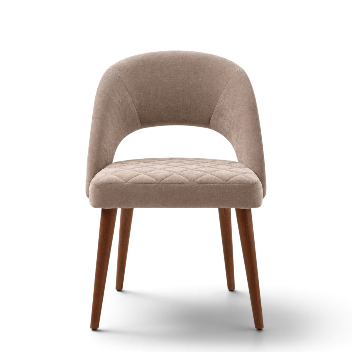 Argent beige upholstered dining chair with crescent-shaped backrest, quilted seat and tapered wooden legs.
