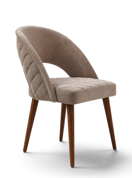 Argent beige upholstered dining chair with crescent-shaped backrest, quilted seat and tapered wooden legs.