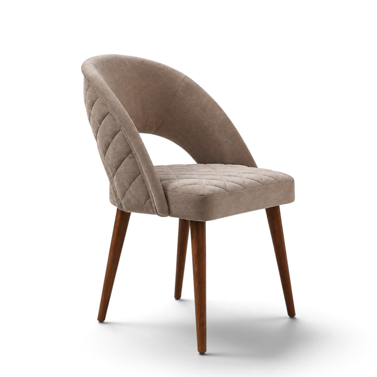 Argent beige upholstered dining chair with crescent-shaped backrest, quilted seat and tapered wooden legs.