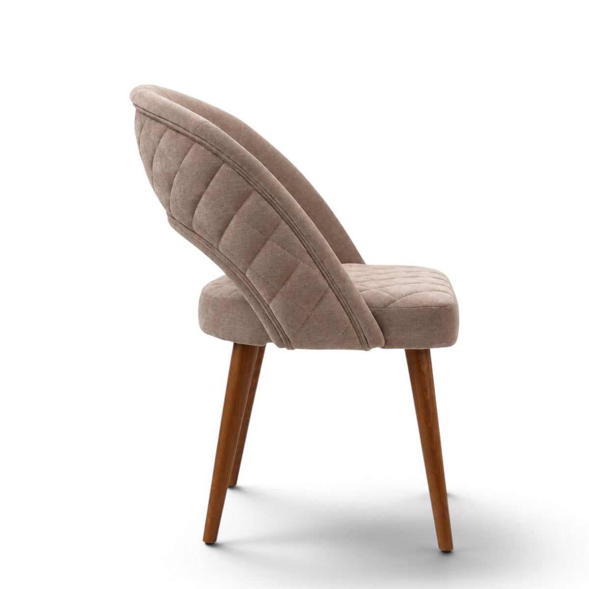 Argent beige upholstered dining chair with crescent-shaped backrest, quilted seat and tapered wooden legs.