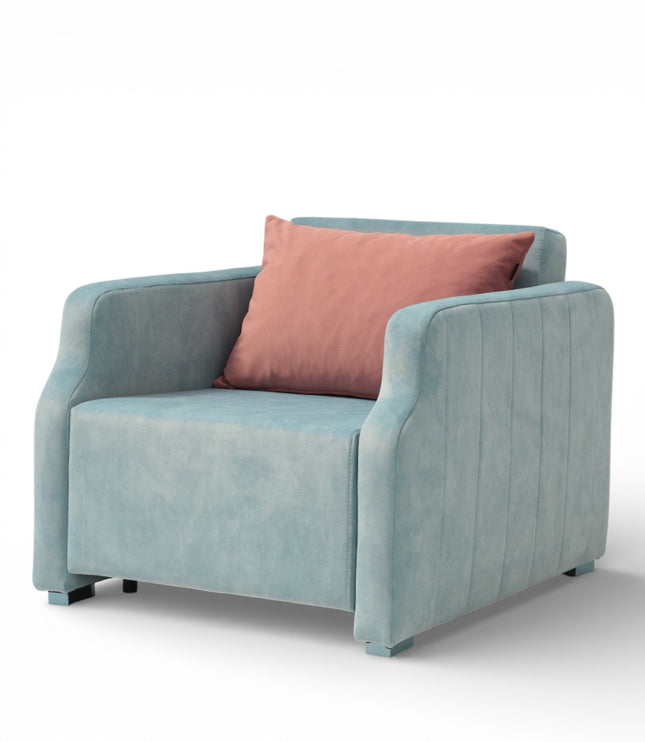 Light blue armchair with a pink pillow on a white background
