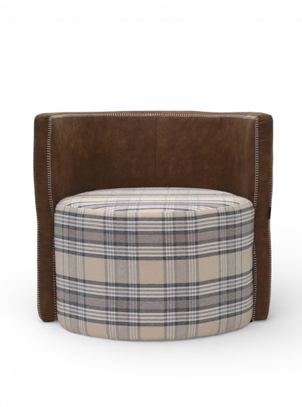 Brown armchair with a plaid ottoman on a white background