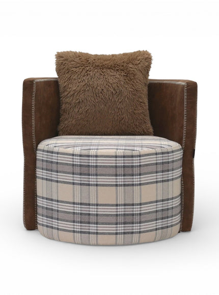 Chair with brown cushion and plaid ottoman on a white background