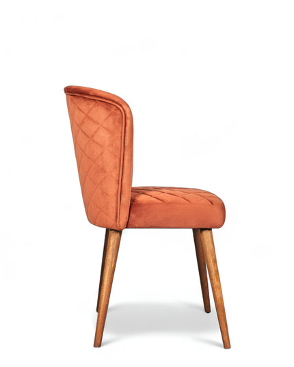 Upholstered orange chair with rounded backrest, wooden legs.