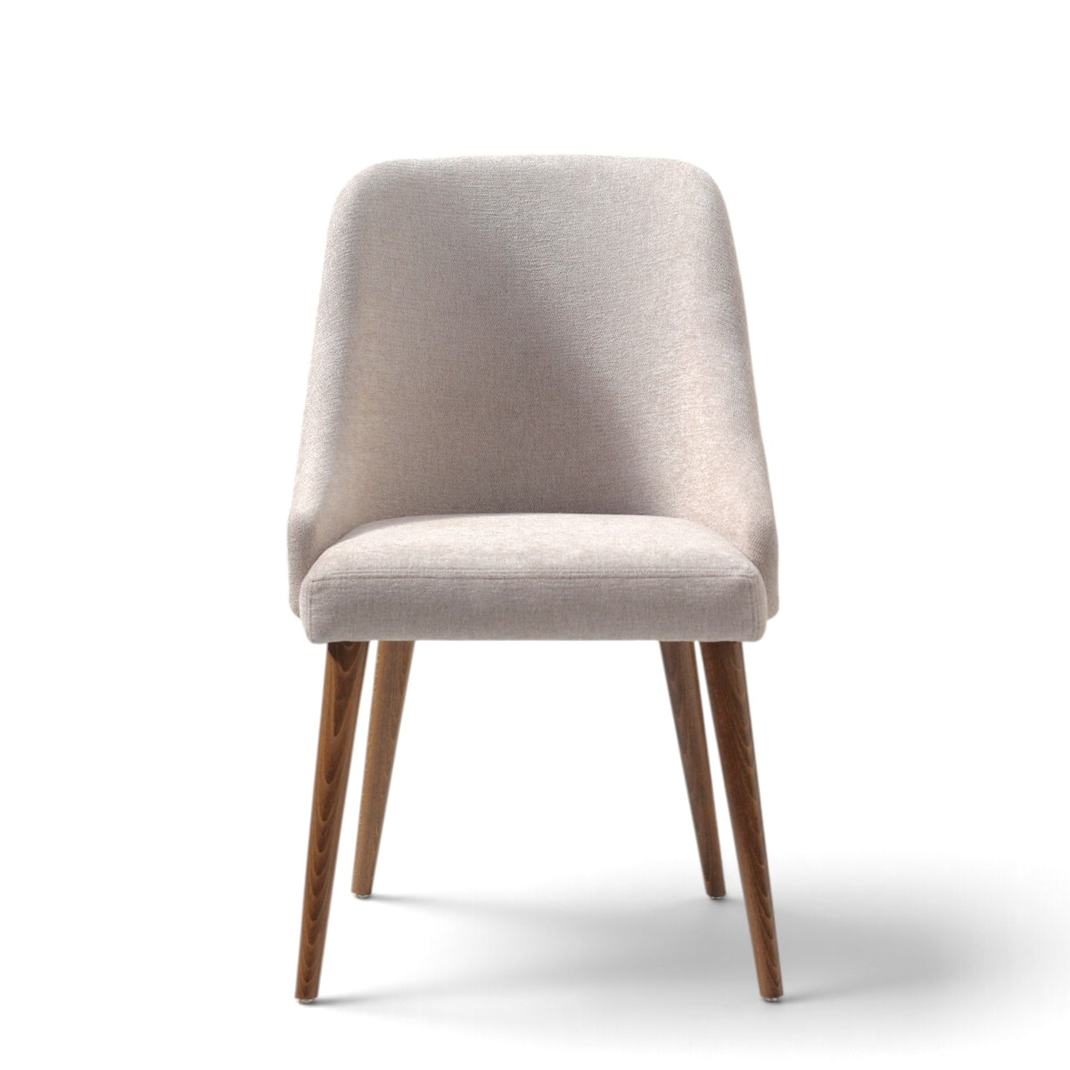A modern dining chair with a light beige textured fabric upholstery and tapered wooden legs, shown against a plain white background.