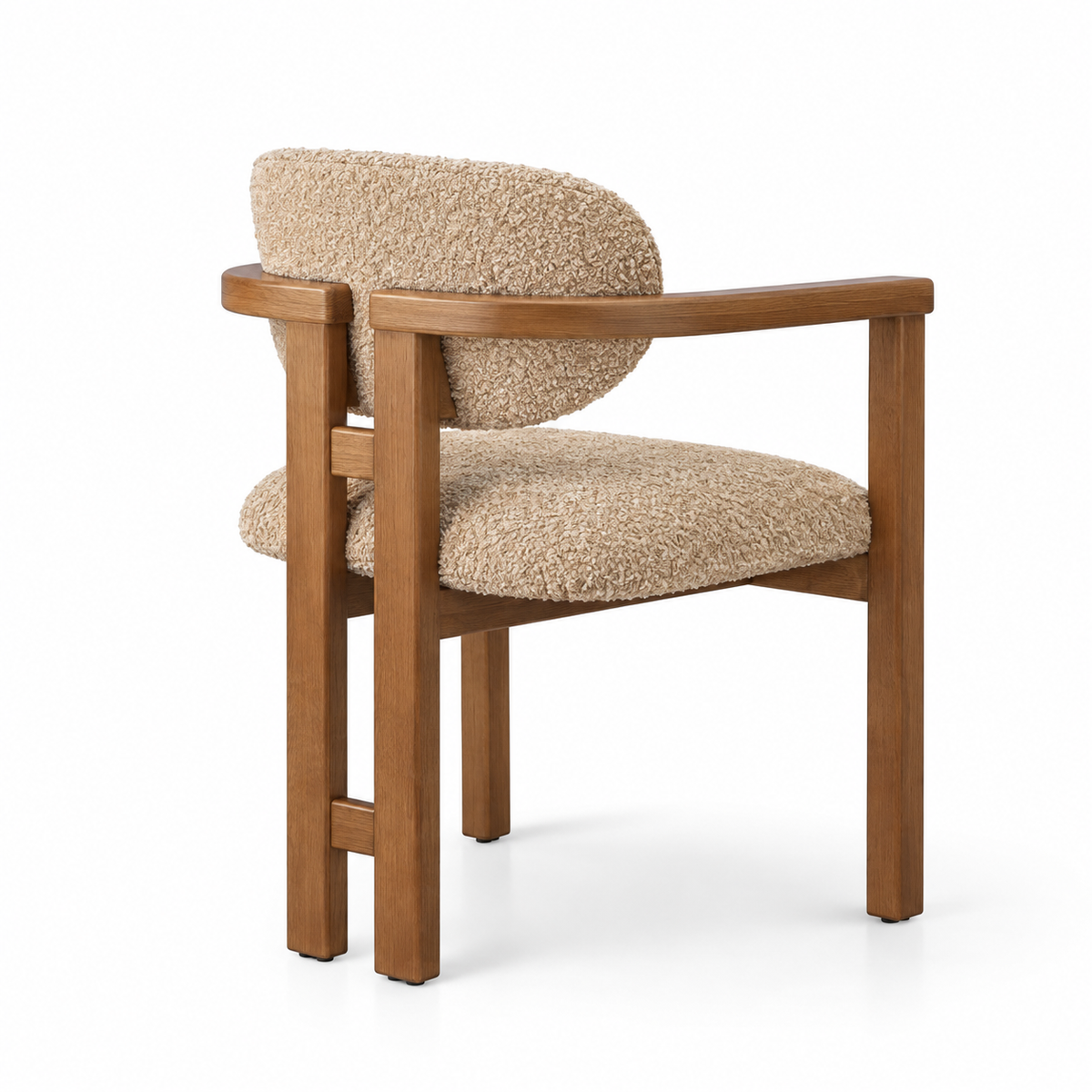 A modern wooden armchair with a textured beige bouclé upholstered seat and curved backrest, shown on a clean white background.