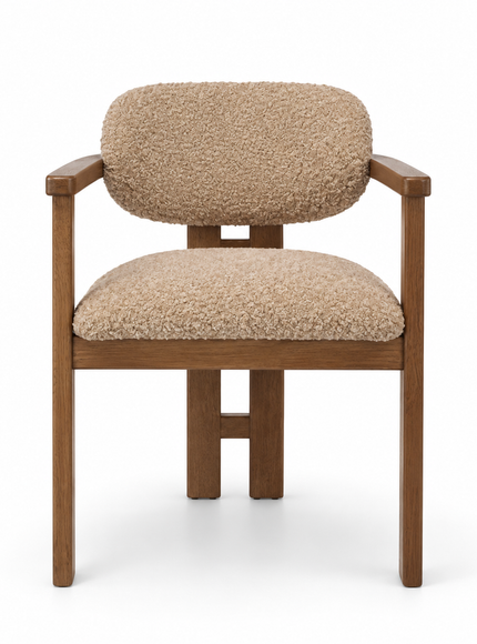 A modern wooden armchair with a textured beige bouclé upholstered seat and curved backrest, shown on a clean white background.