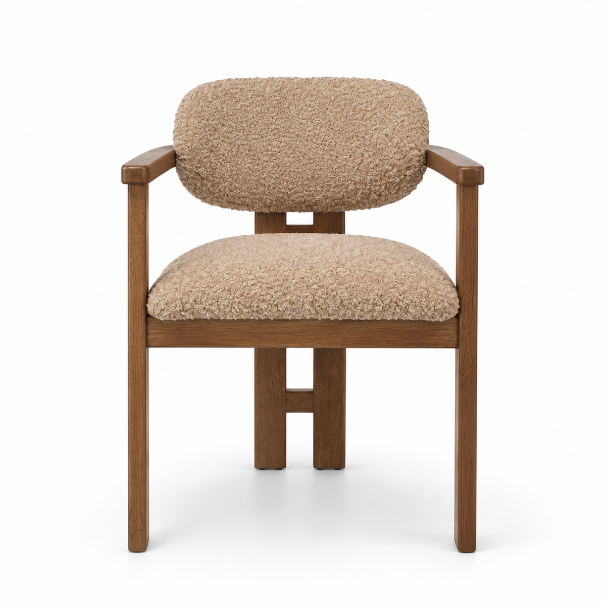 A modern wooden armchair with a textured beige bouclé upholstered seat and curved backrest, shown on a clean white background.