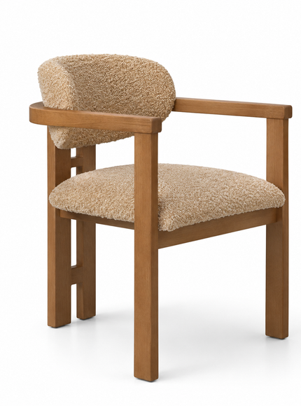 A modern wooden armchair with a textured beige bouclé upholstered seat and curved backrest, shown on a clean white background.
