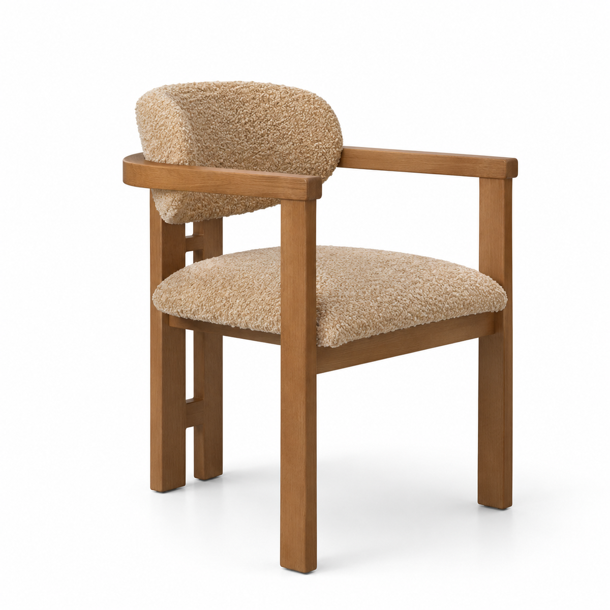 A modern wooden armchair with a textured beige bouclé upholstered seat and curved backrest, shown on a clean white background.