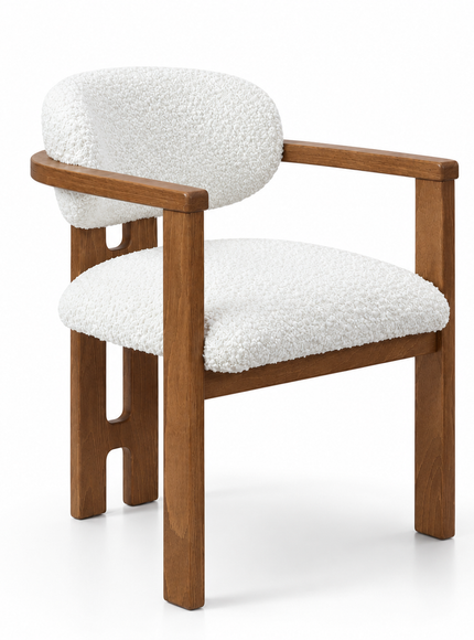 A modern accent chair featuring a warm brown wooden frame with a unique cutout design on the legs, paired with plush white bouclé fabric cushions on the seat and backrest, shown against a solid white background.
