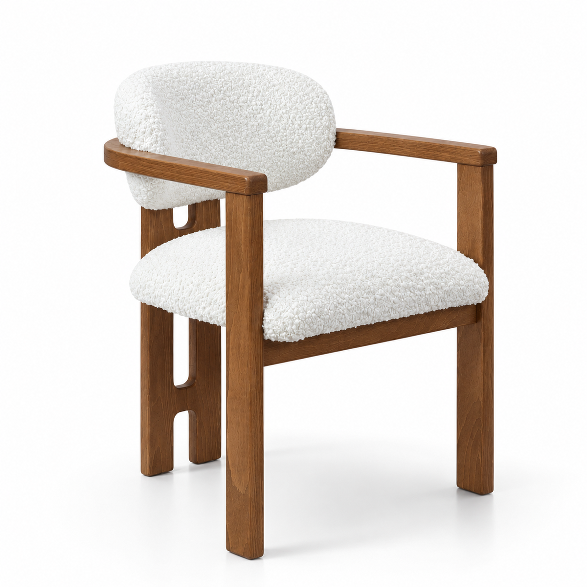 A modern accent chair featuring a warm brown wooden frame with a unique cutout design on the legs, paired with plush white bouclé fabric cushions on the seat and backrest, shown against a solid white background.