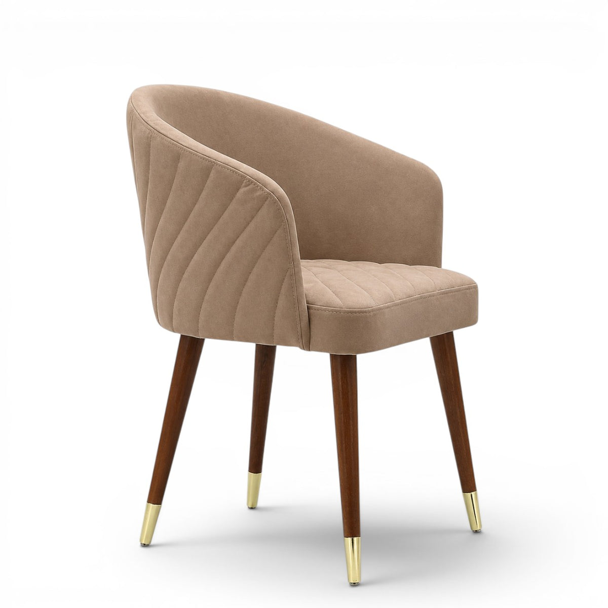 A modern dining chair with a curved, tufted backrest and seat upholstered in a warm taupe-beige fabric, supported by four tapered dark brown wooden legs with gold metal caps, shown against a plain white background.