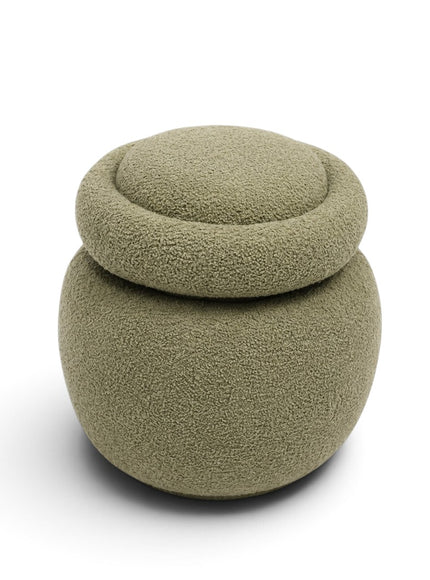 A round, low-profile upholstered stool or ottoman with a matching circular cushioned top lid, shown on a clean white background.