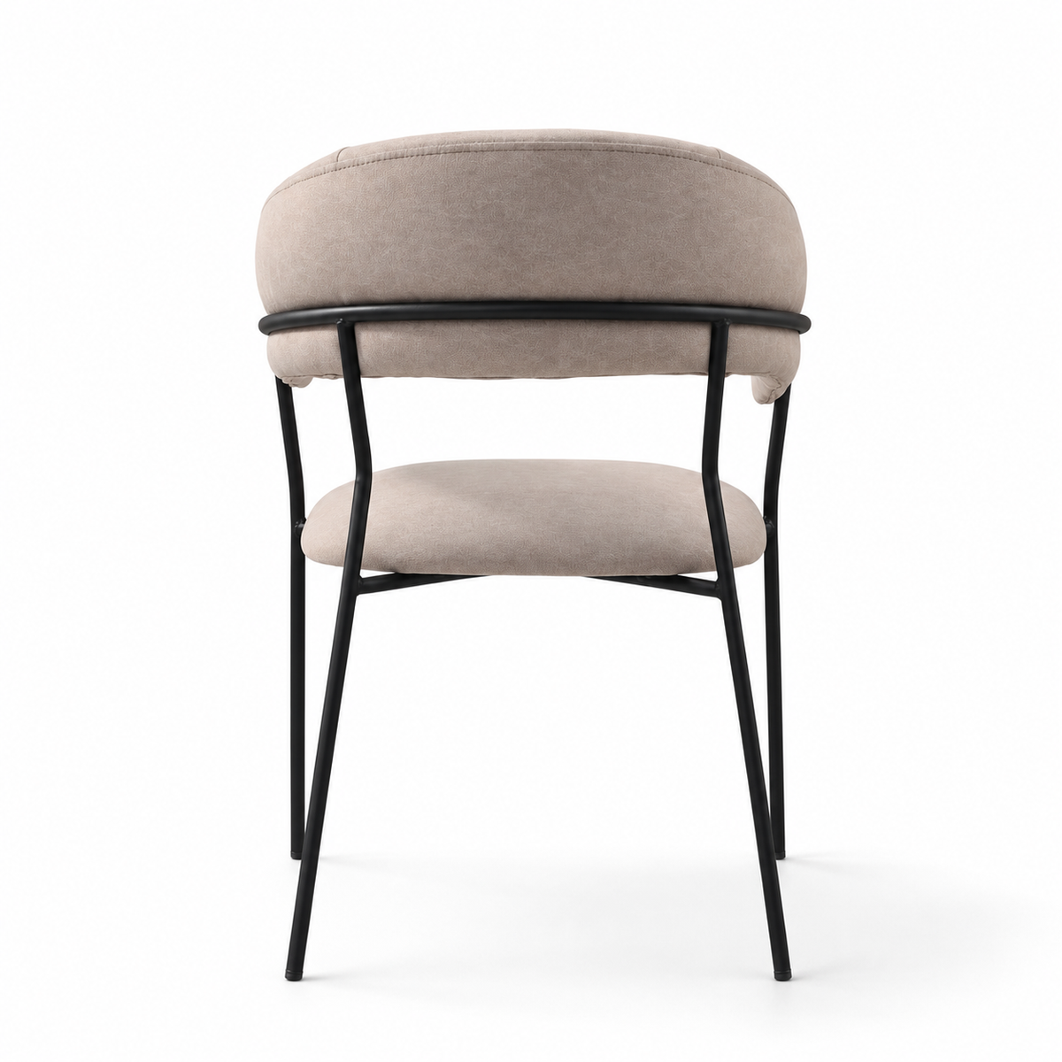 A modern dining chair with a curved upholstered backrest and seat cushion in a light beige fabric, supported by slim black metal legs, shown against a plain white background.