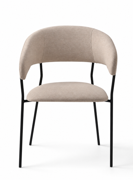 A modern dining chair with a curved upholstered backrest and seat cushion in a light beige fabric, supported by slim black metal legs, shown against a plain white background.
