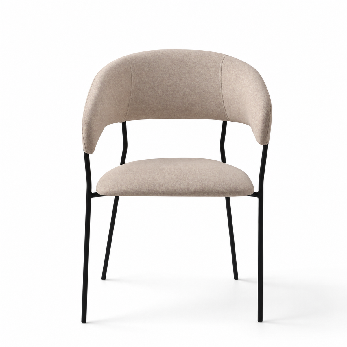 A modern dining chair with a curved upholstered backrest and seat cushion in a light beige fabric, supported by slim black metal legs, shown against a plain white background.