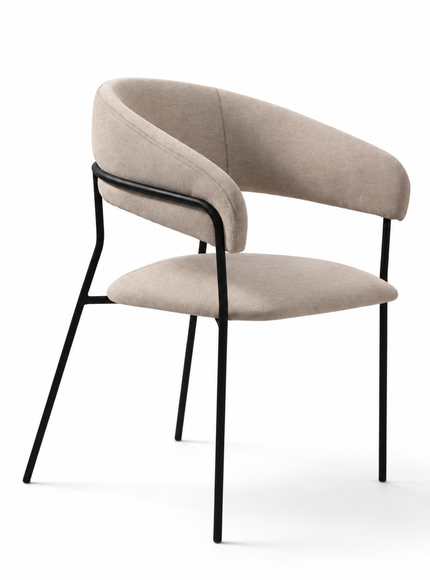 A modern dining chair with a curved upholstered backrest and seat cushion in a light beige fabric, supported by slim black metal legs, shown against a plain white background.