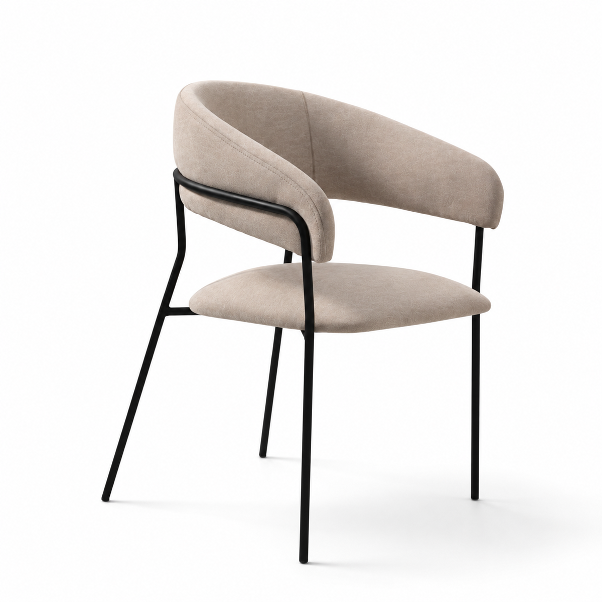 A modern dining chair with a curved upholstered backrest and seat cushion in a light beige fabric, supported by slim black metal legs, shown against a plain white background.