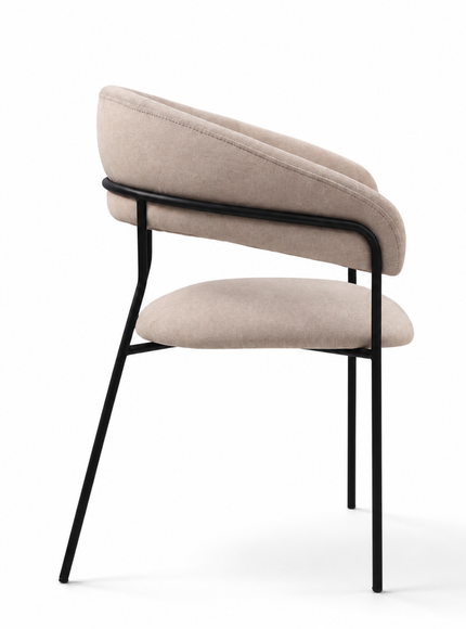 A modern dining chair with a curved upholstered backrest and seat cushion in a light beige fabric, supported by slim black metal legs, shown against a plain white background.