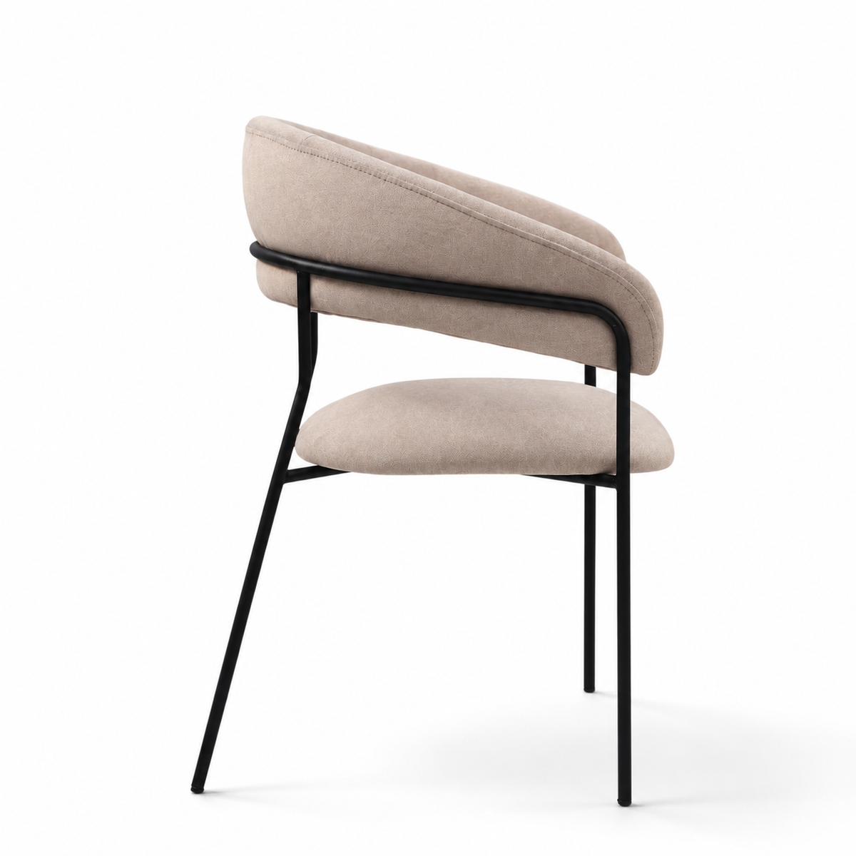 A modern dining chair with a curved upholstered backrest and seat cushion in a light beige fabric, supported by slim black metal legs, shown against a plain white background.