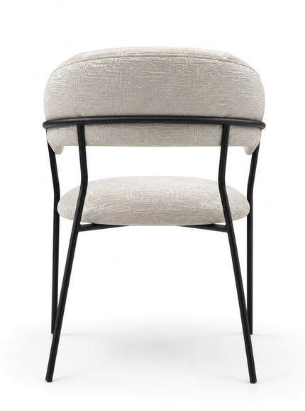 A modern dining chair with a curved upholstered backrest and seat, featuring a textured light beige fabric and a black metal frame, shown on a white background.