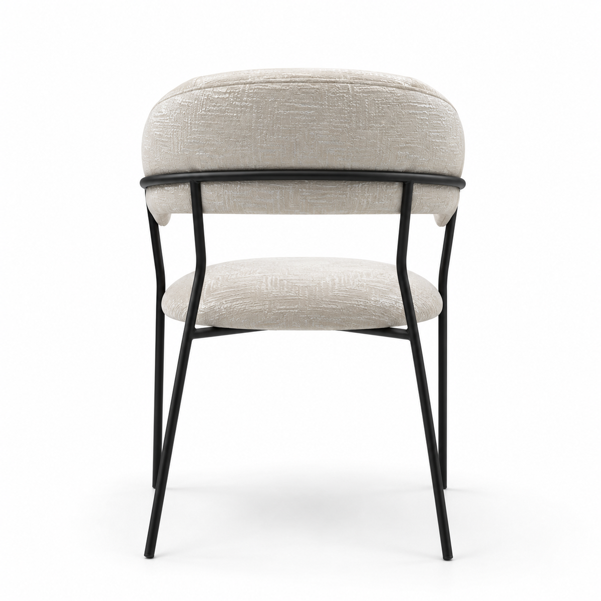 A modern dining chair with a curved upholstered backrest and seat, featuring a textured light beige fabric and a black metal frame, shown on a white background.