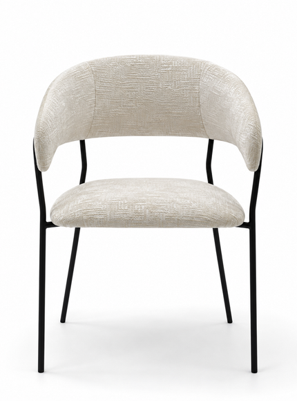 A modern dining chair with a curved upholstered backrest and seat, featuring a textured light beige fabric and a black metal frame, shown on a white background.