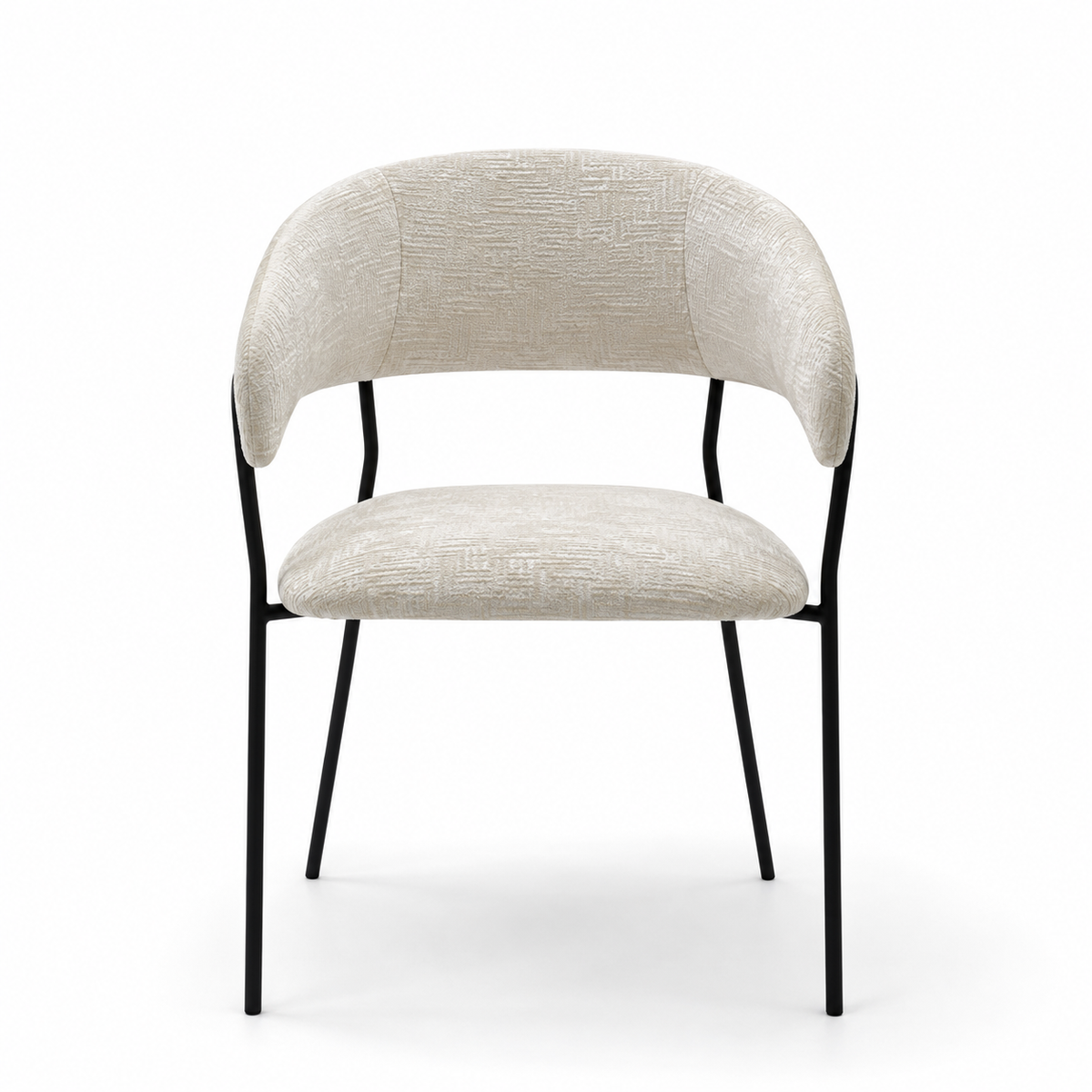 A modern dining chair with a curved upholstered backrest and seat, featuring a textured light beige fabric and a black metal frame, shown on a white background.
