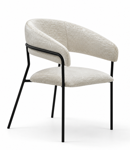 A modern dining chair with a curved upholstered backrest and seat, featuring a textured light beige fabric and a black metal frame, shown on a white background.