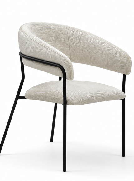 A modern dining chair with a curved upholstered backrest and seat, featuring a textured light beige fabric and a black metal frame, shown on a white background.