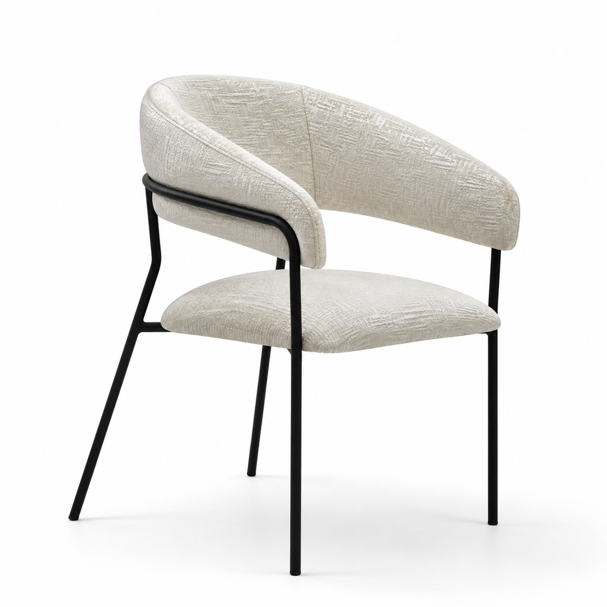 A modern dining chair with a curved upholstered backrest and seat, featuring a textured light beige fabric and a black metal frame, shown on a white background.