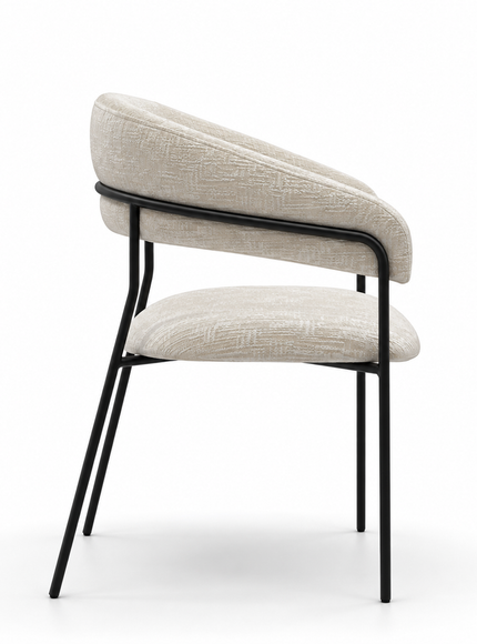 A modern dining chair with a curved upholstered backrest and seat, featuring a textured light beige fabric and a black metal frame, shown on a white background.