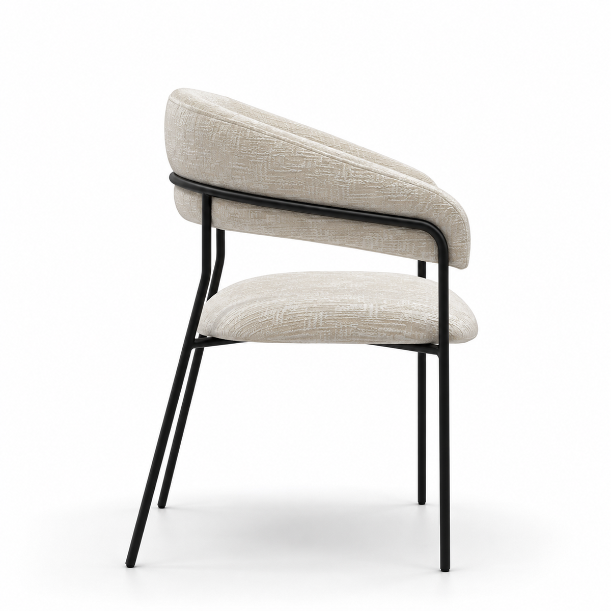 A modern dining chair with a curved upholstered backrest and seat, featuring a textured light beige fabric and a black metal frame, shown on a white background.
