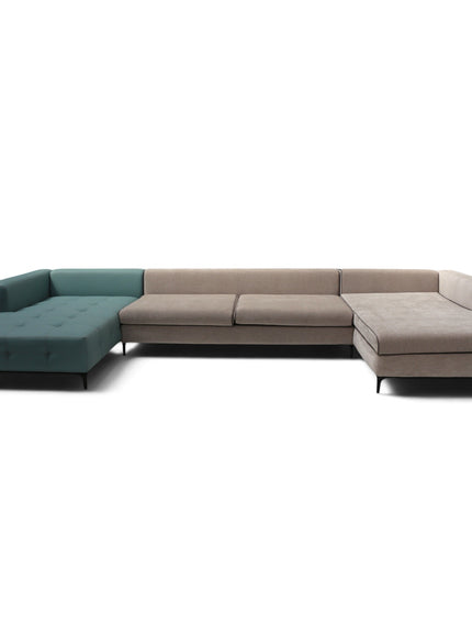 A modern sectional sofa with a left chaise lounge in two-tone fabric. The left chaise is upholstered in a deep teal green velvet, while the main seating area and right chaise are upholstered in a light taupe-beige fabric.