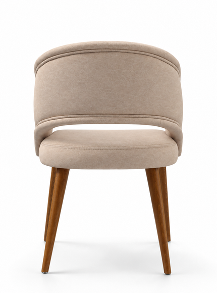 Rosado beige textured upholstered dining chair with asymmetrical curved backrest and tapered wood-finish legs.