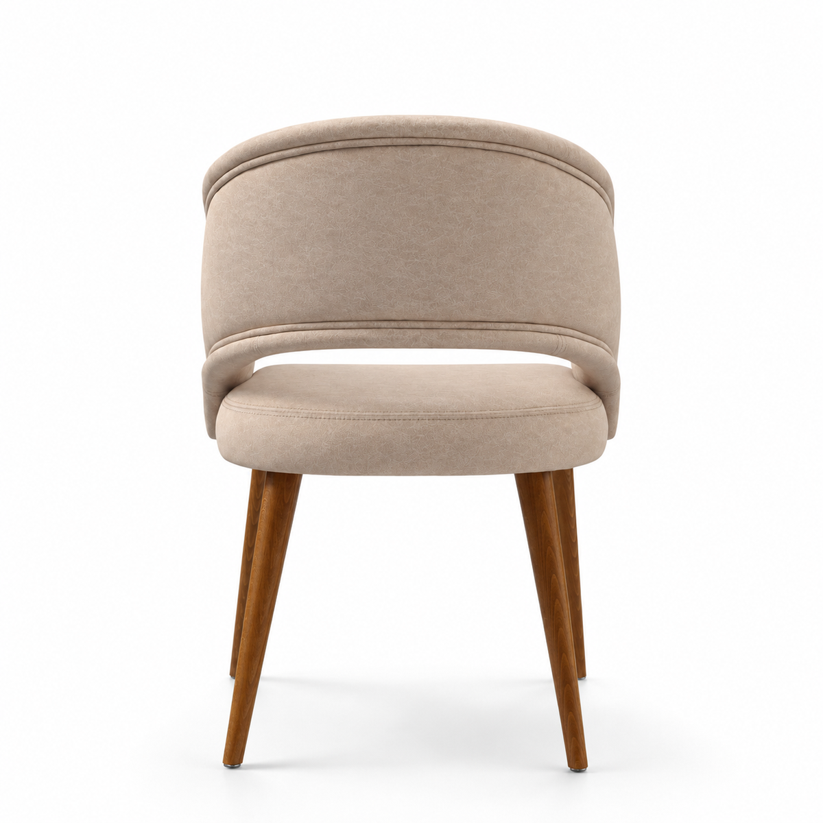 Rosado beige textured upholstered dining chair with asymmetrical curved backrest and tapered wood-finish legs.