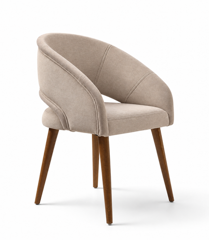 Rosado beige textured upholstered dining chair with asymmetrical curved backrest and tapered wood-finish legs.
