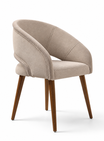Rosado beige textured upholstered dining chair with asymmetrical curved backrest and tapered wood-finish legs.