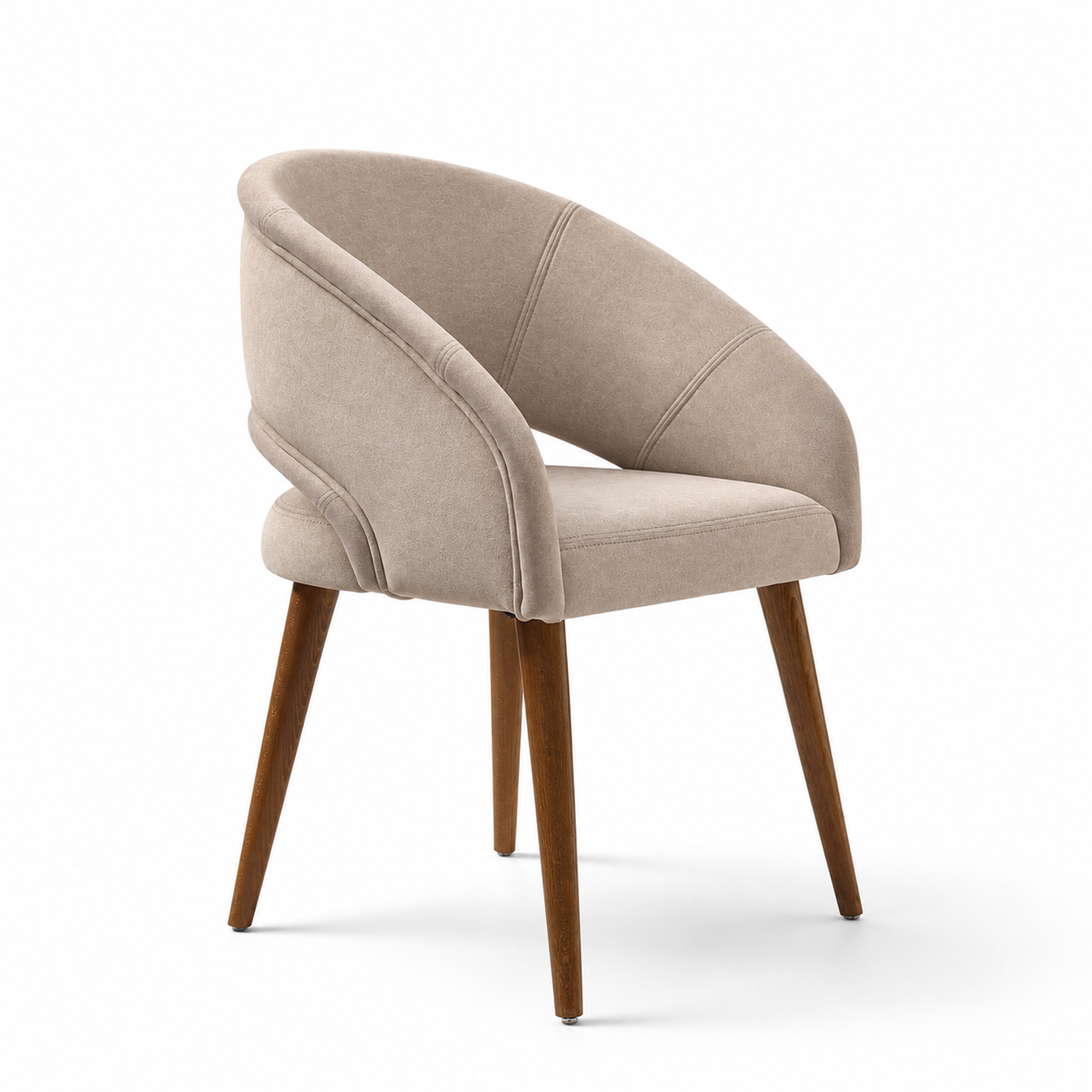 Rosado beige textured upholstered dining chair with asymmetrical curved backrest and tapered wood-finish legs.