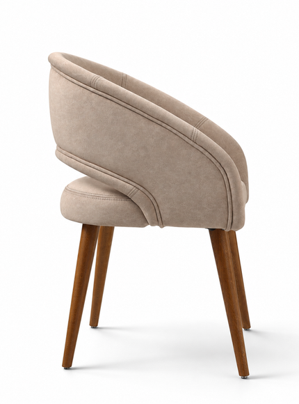 Rosado beige textured upholstered dining chair with asymmetrical curved backrest and tapered wood-finish legs.