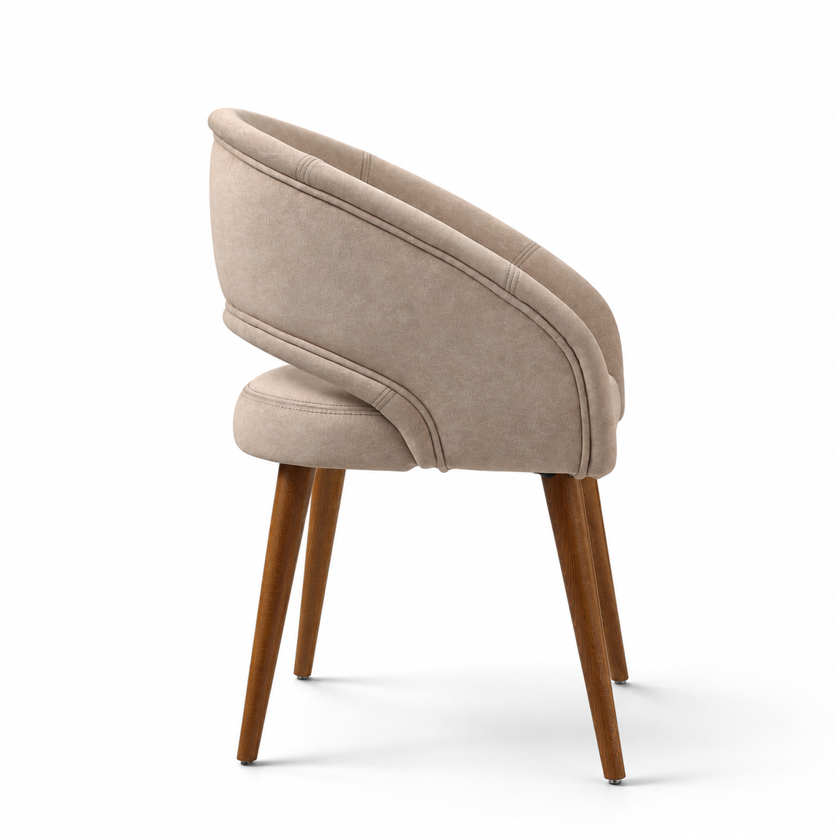 Rosado beige textured upholstered dining chair with asymmetrical curved backrest and tapered wood-finish legs.