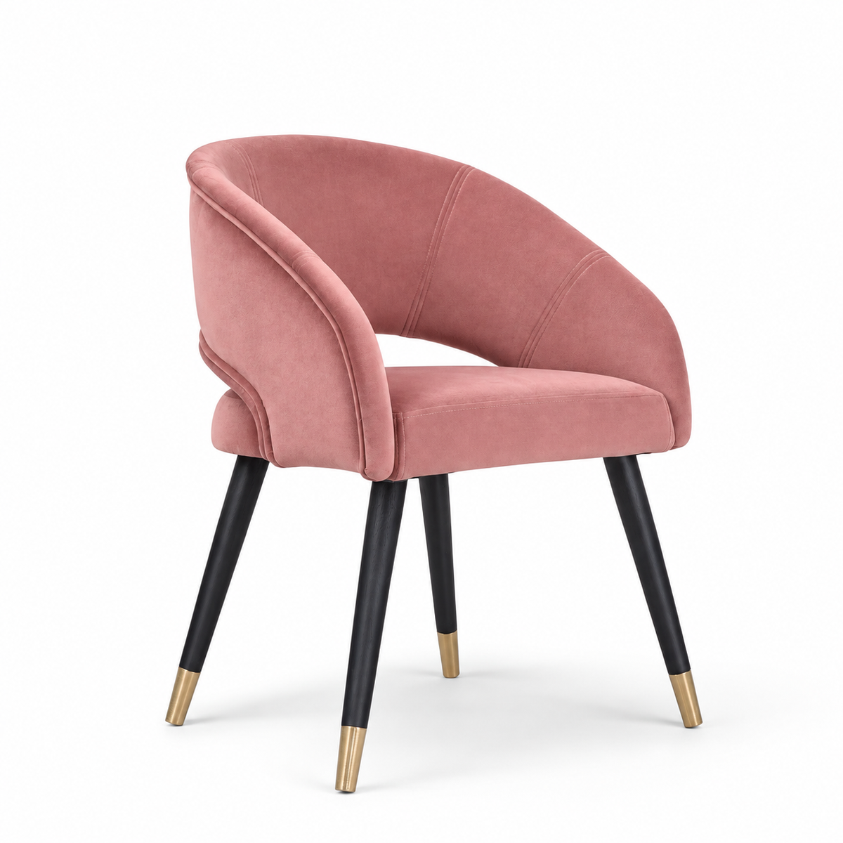 Rosado dusty pink velvet dining chair with curved wraparound backrest, black tapered legs and gold tips.
