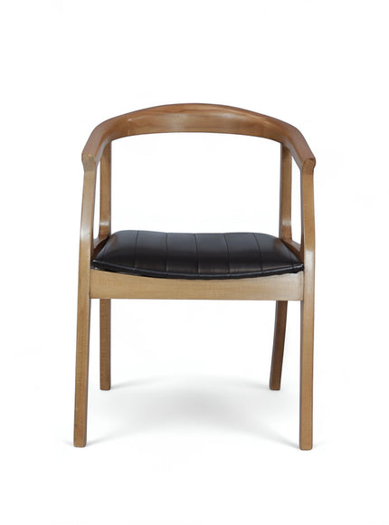 Front view of the Vaya Home Abre dining chair with a curved wood frame, open arm design, and black channel-stitched seat.