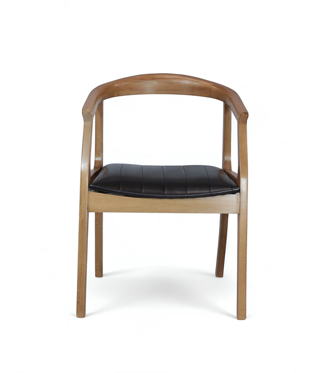 Front view of the Vaya Home Abre dining chair with a curved wood frame, open arm design, and black channel-stitched seat.