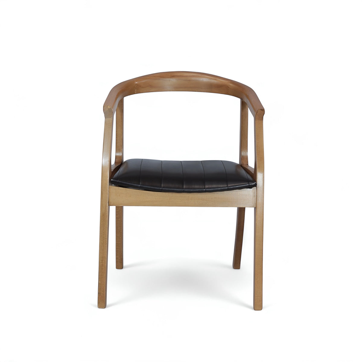Front view of the Vaya Home Abre dining chair with a curved wood frame, open arm design, and black channel-stitched seat.