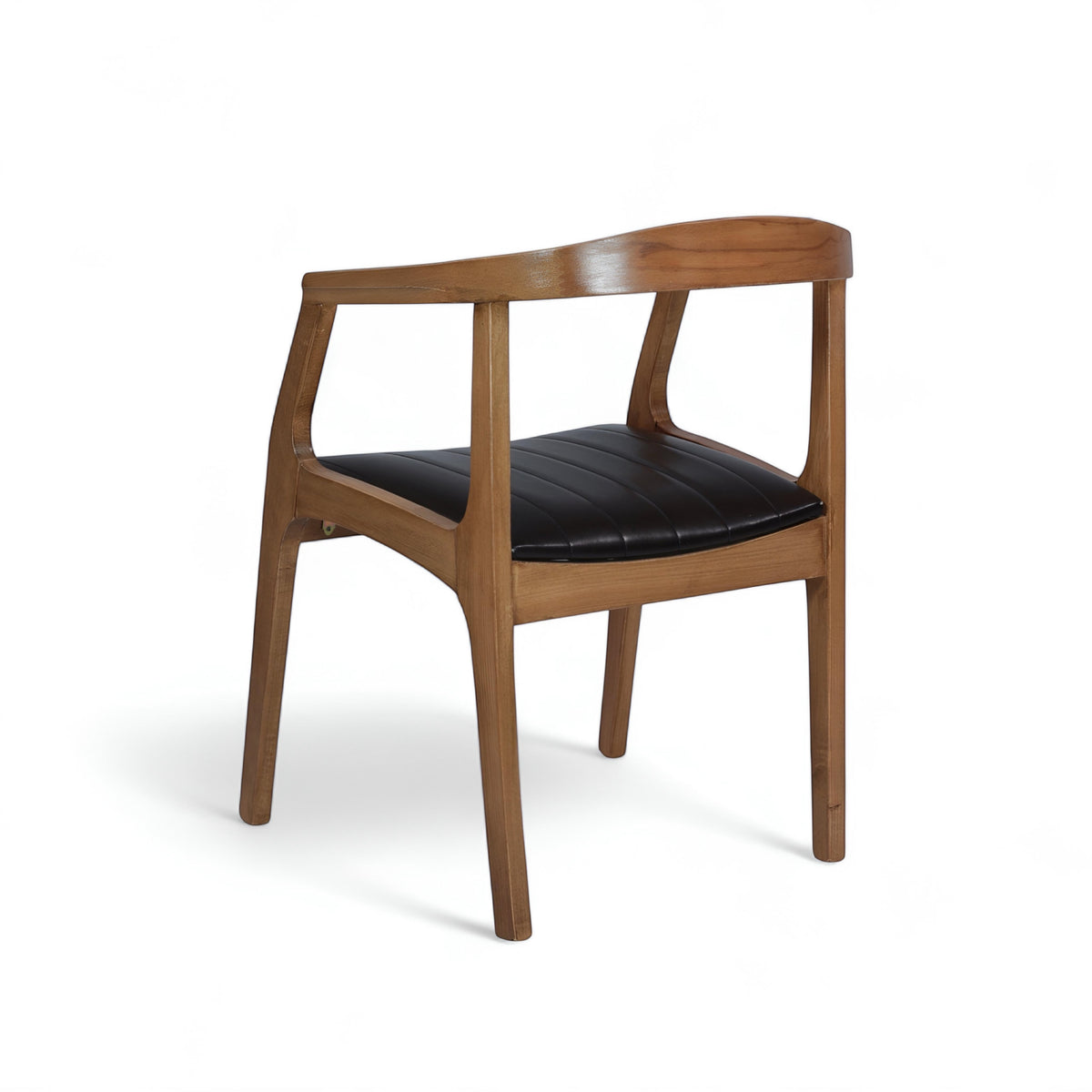 Rear angled view of the Vaya Home Abre dining chair featuring a wood frame, open back design, and black upholstered seat.