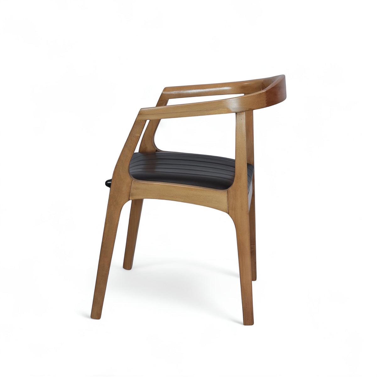 Opposite side view of the Vaya Home Abre dining chair with a curved wood frame, open armrests, and black upholstered seat.