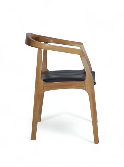 Side view of the Vaya Home Abre dining chair featuring a curved wood frame, open armrests, and black upholstered seat.