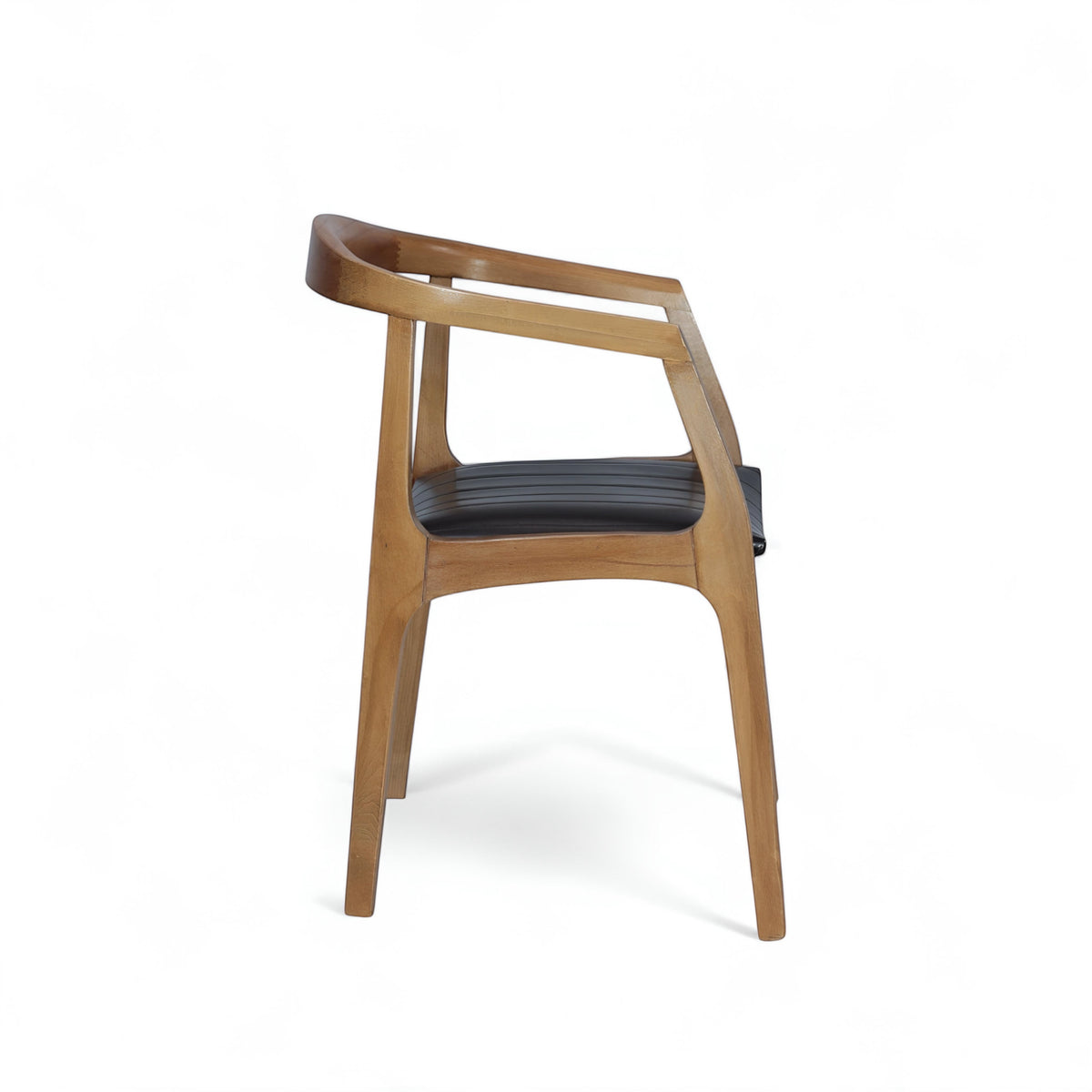 Side view of the Vaya Home Abre dining chair featuring a curved wood frame, open armrests, and black upholstered seat.